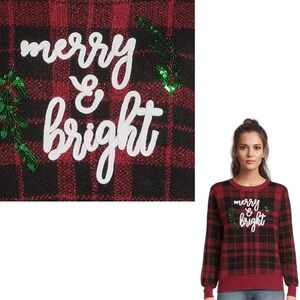 Soft Knit Christmas Sweater Plaid Black & Red Merry & Bright Embellished Women L